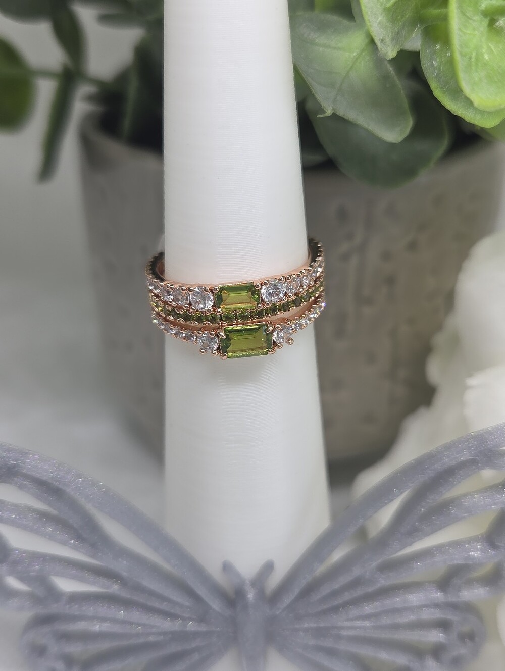 BP Three Band Green Peridot Ring With Accent Stones On Rose Gold Plating